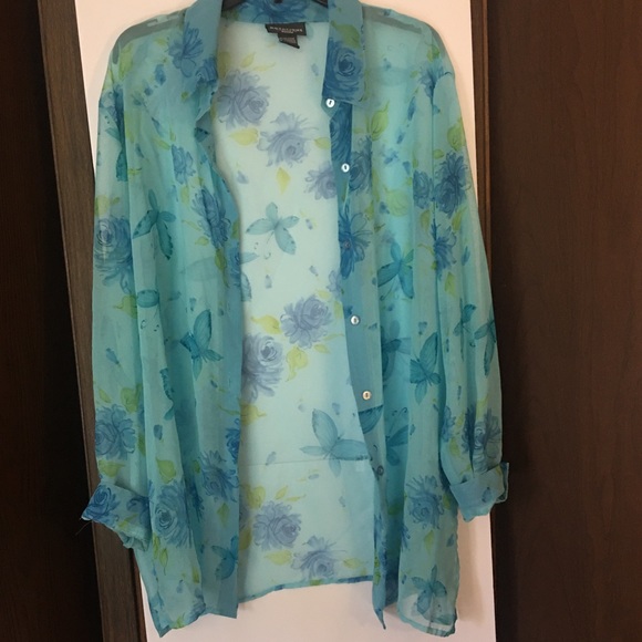 Notations Blue Butterfly Sheer Long Sleeve Top - Picture 2 of 4